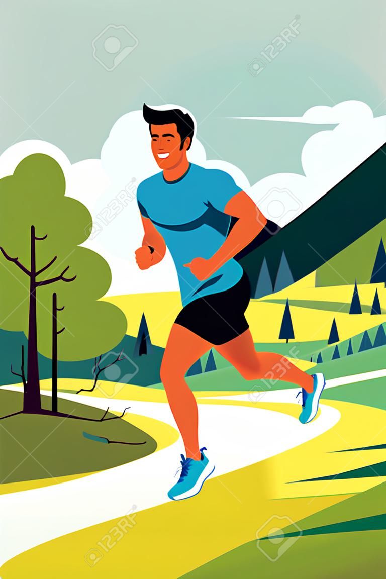 Aptitud urbana. diseño plano de ilustración vectorial en un joven adulto corriendo en el parque de la ciudad, personaje masculino de fitness deportivo corriendo en un entorno natural
