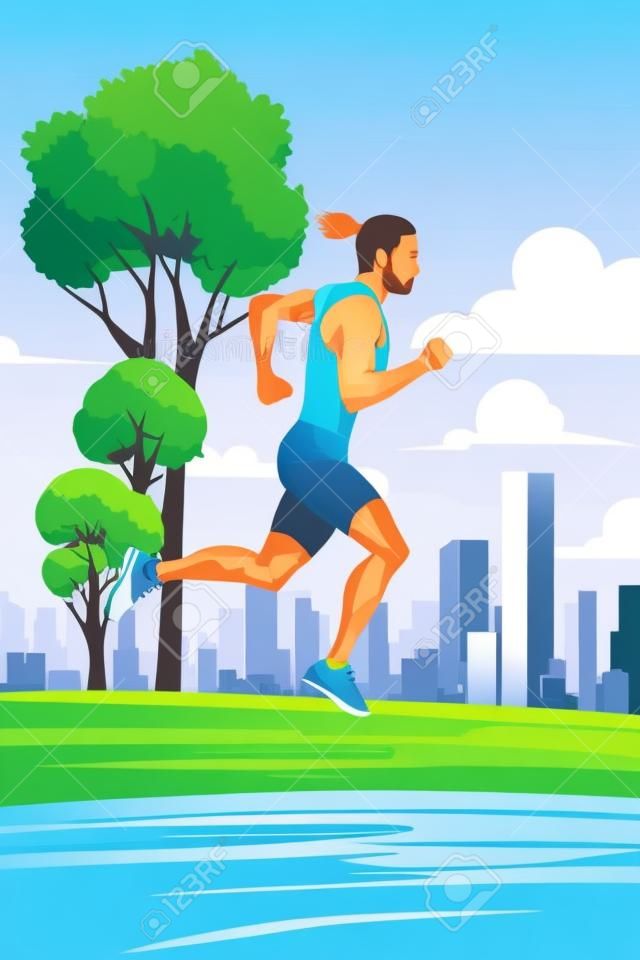 Man running in park. Vector illustration. Man running through city park in sportswear.