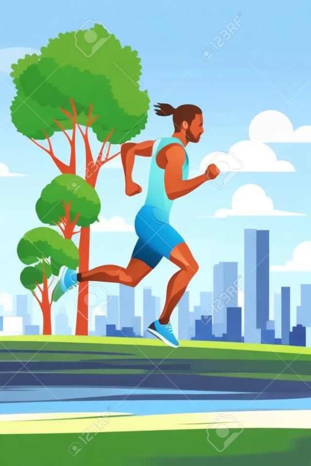 Man running in park. Vector illustration. Man running through city park in sportswear.