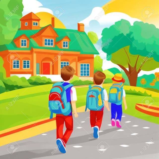 Ritorno a scuola illustrazione vettoriale sfondo felice ragazzino e ragazza sta andando a scuola per la prima volta si tengono per mano i bambini con zaini camminano lungo la strada