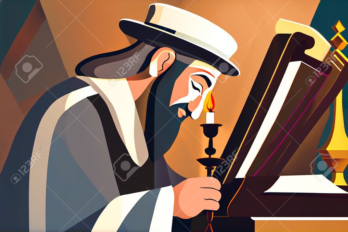 Jew hassid, rabbi in synagogue reads Torah. Vector illustration, Jewish holidays concept