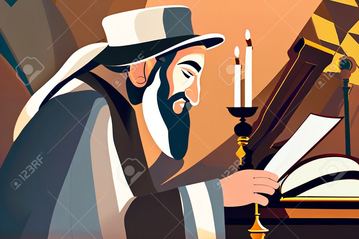 Jew hassid, rabbi in synagogue reads Torah. Vector illustration, Jewish holidays concept