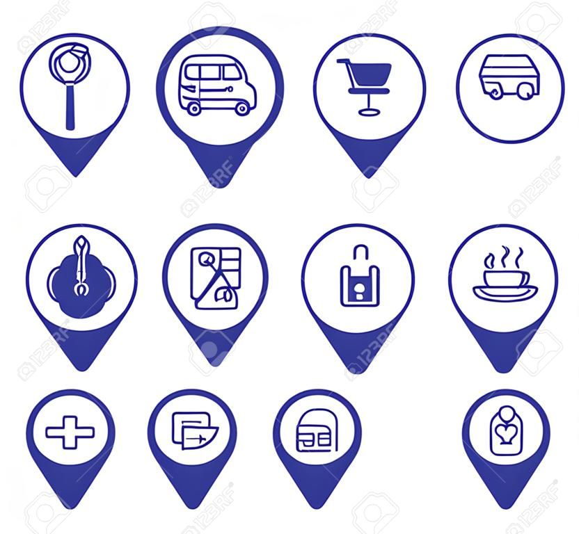Map location markers, pointers simple icons set. Cafe, metro, bus stop, refill, grocery store, bank, church, school, Kindergarten, university, pharmacy