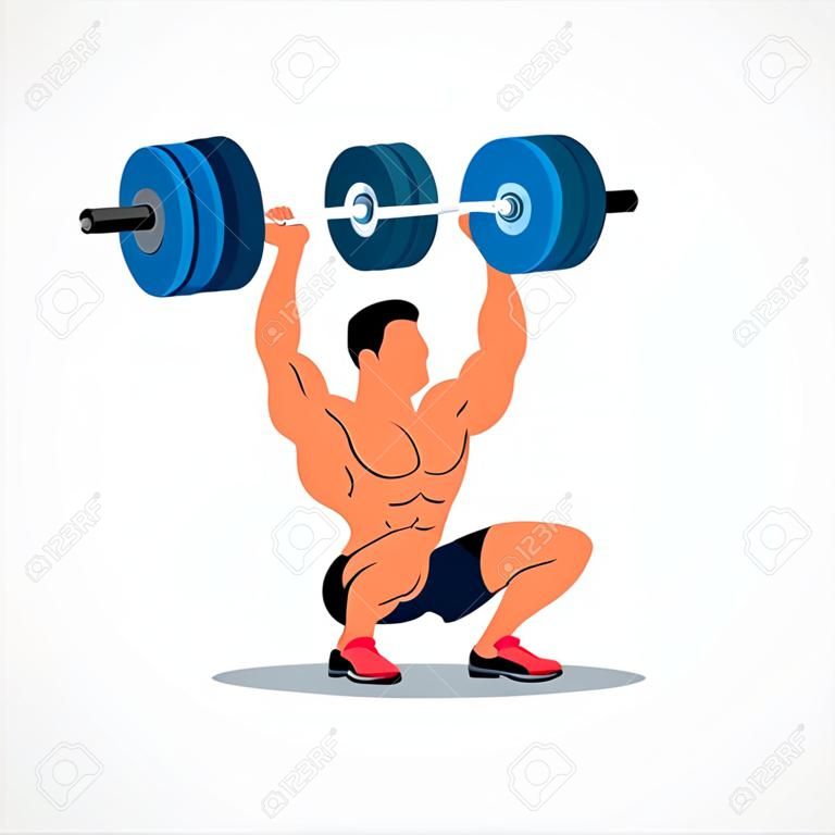 Strong man lifting weights powerlifting weightlifting. Vector illustration.