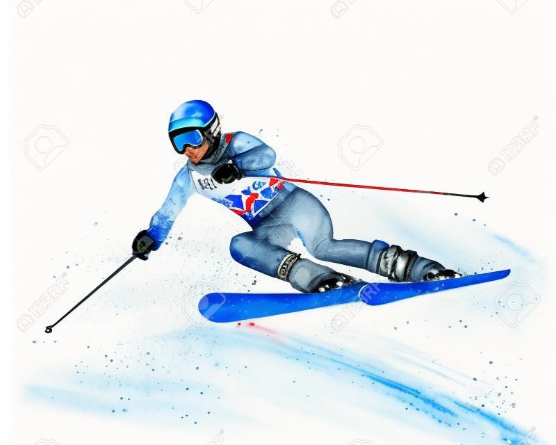Abstraktes Skifahren. Abfahrtsslalom-Skifahrer aus Aquarellspritzern. Wintersport