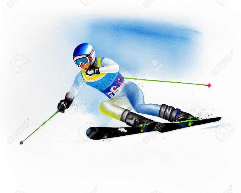 Streszczenie narciarstwo. Zejście narciarza slalomowego z rozbryzgów akwareli. Sporty zimowe