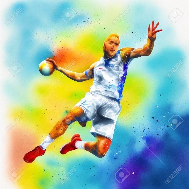 Joueur de handball abstrait sautant avec le ballon des éclaboussures d'aquarelles