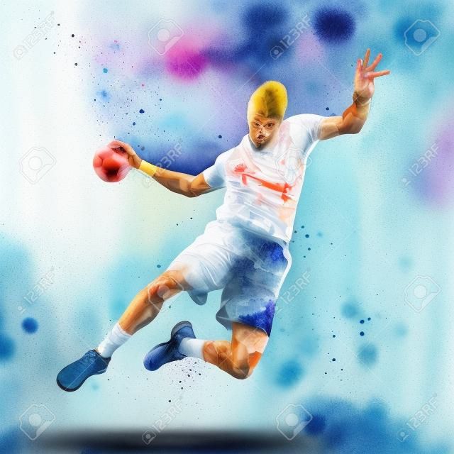 Jugador de balonmano abstracto saltando con la pelota de salpicaduras de acuarelas