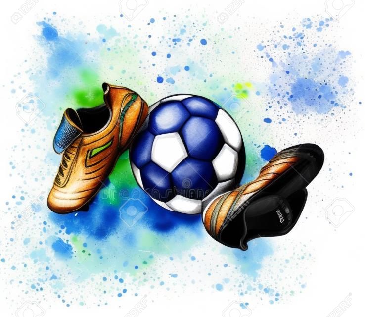 Botas de futebol com bola de um respingo de aquarela, esboço desenhado à mão.