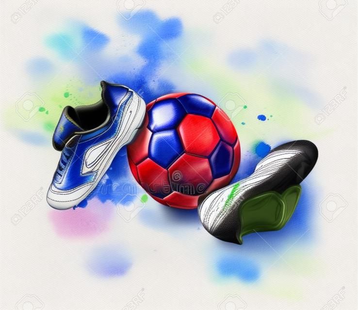 Botas de futebol com bola de um respingo de aquarela, esboço desenhado à mão.