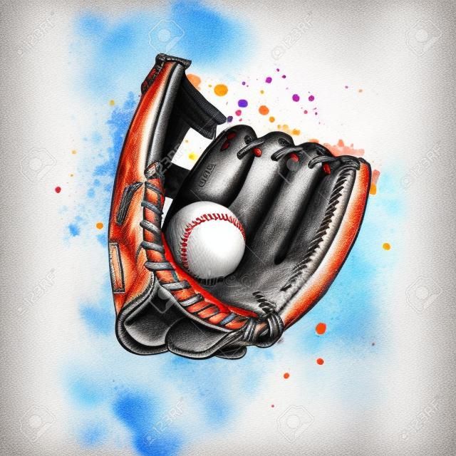 Guanto da baseball con palla da una spruzzata di acquerello, schizzo disegnato a mano. Illustrazione vettoriale di vernici