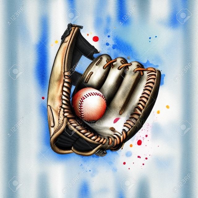 Guanto da baseball con palla da una spruzzata di acquerello, schizzo disegnato a mano. Illustrazione vettoriale di vernici