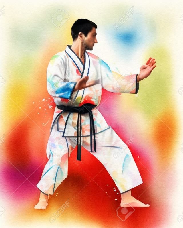 Abstrakcyjny mężczyzna w kimono trenuje karate z rozprysków akwareli