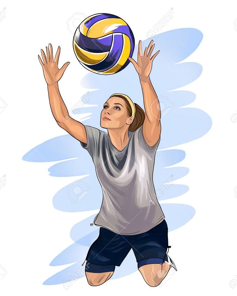 Abstract volleyball player jumping from splash of watercolors, colored drawing, realistic
