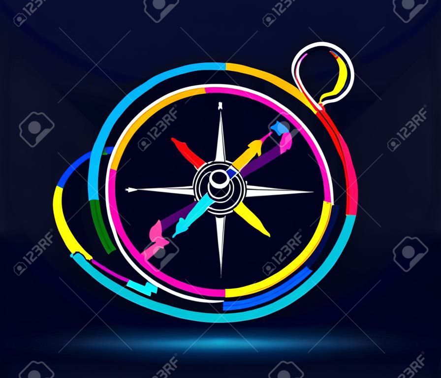Abstract old vintage compass in retro style from multicolored paints. Colored drawing