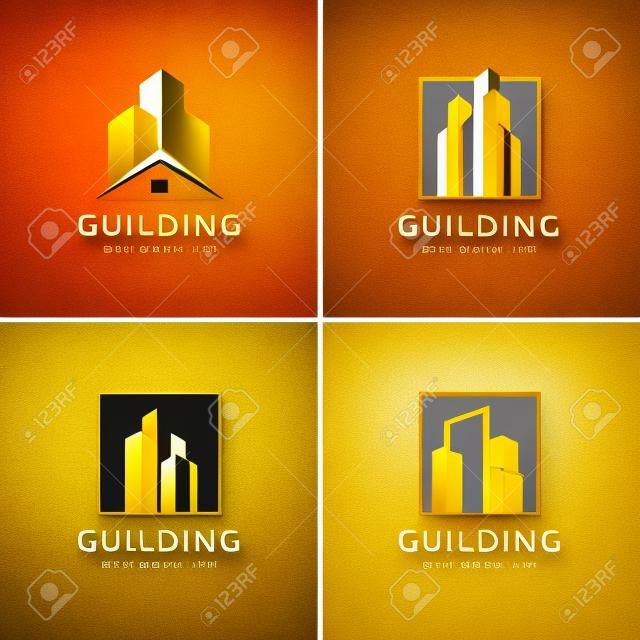 Costruire insieme logo astratto, dorato, moderno, concetto, gradiente, immobiliare, Vettore Premium