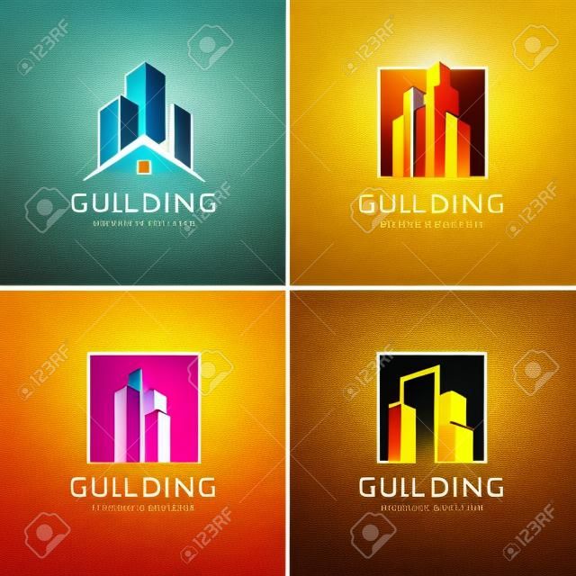 Costruire insieme logo astratto, dorato, moderno, concetto, gradiente, immobiliare, Vettore Premium