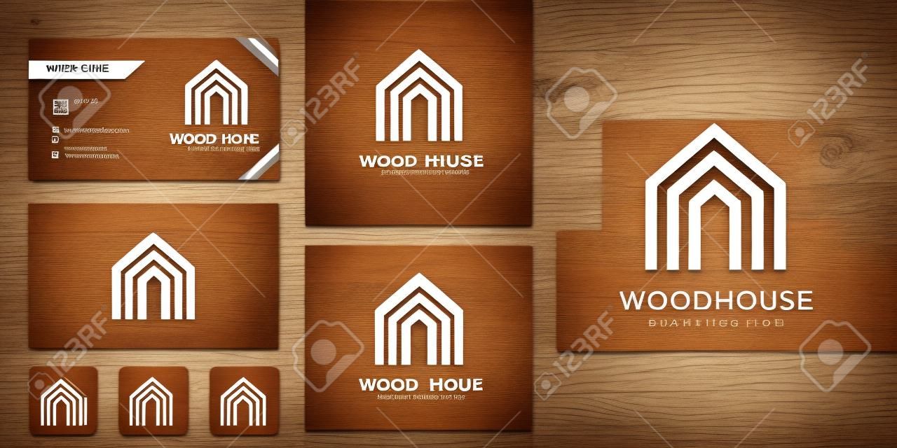 Wooden house logo and business card design template, modern, wood, house, home, construction, building Premium Vector