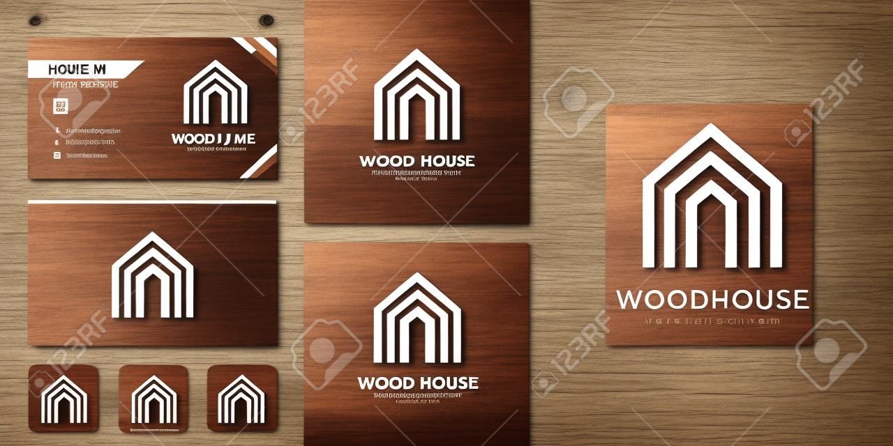 Wooden house logo and business card design template, modern, wood, house, home, construction, building Premium Vector