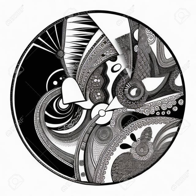 Fekete-fehér absztrakt zendala a kör, pihenni és meditáció zentangle művészet, fekete-fehér vektoros illusztráció