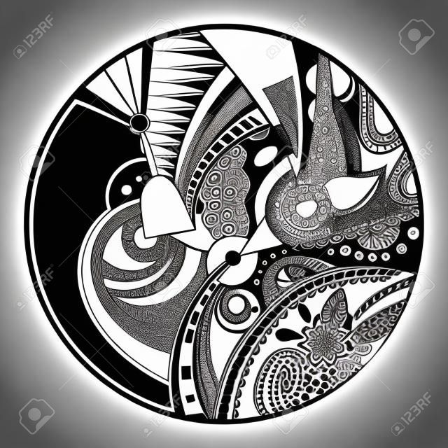 Fekete-fehér absztrakt zendala a kör, pihenni és meditáció zentangle művészet, fekete-fehér vektoros illusztráció