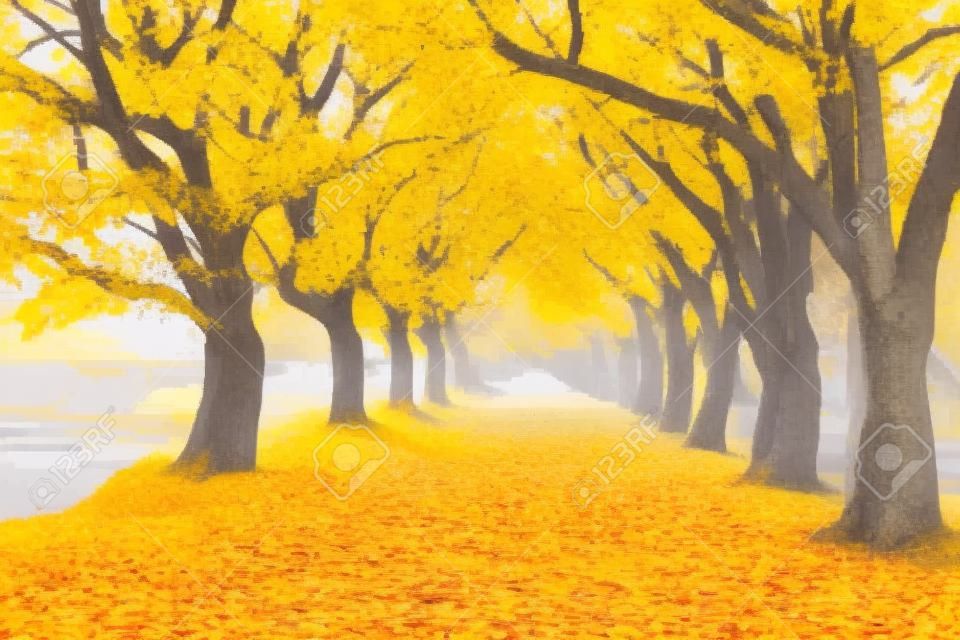 공원 골목에 있는 노란 가을 나무들. 생성 인공 지능