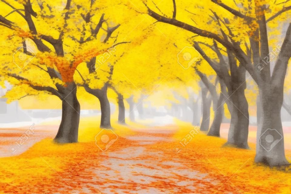 Yellow autumn trees on the alley in the park. Generative AI