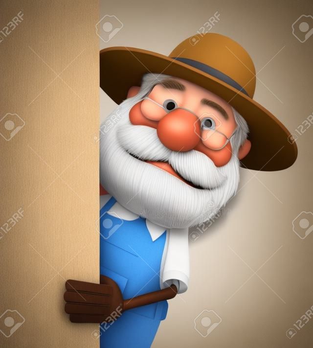 Ilustração 3d um fazendeiro idoso com um grande sinal