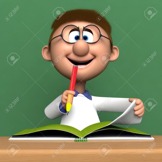 Ilustración 3d de un chico gracioso con un lápiz y un cuaderno estudiando en la escuela