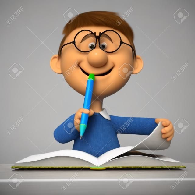 Ilustración 3d de un chico gracioso con un lápiz y un cuaderno estudiando en la escuela