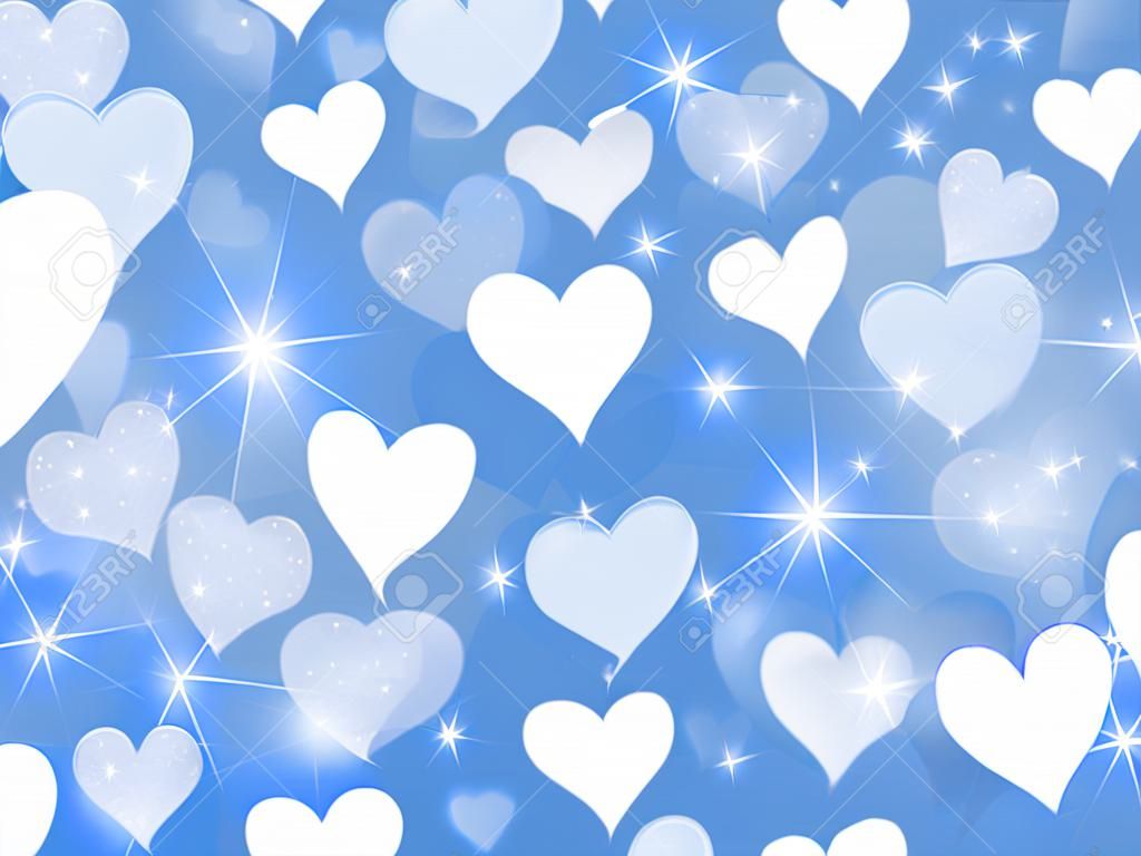 White and blue hearts on a blue sparkly background, heart background