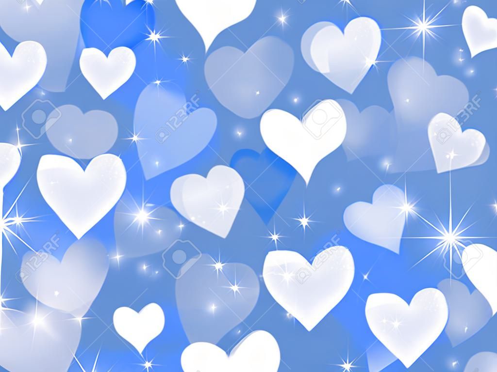 White and blue hearts on a blue sparkly background, heart background