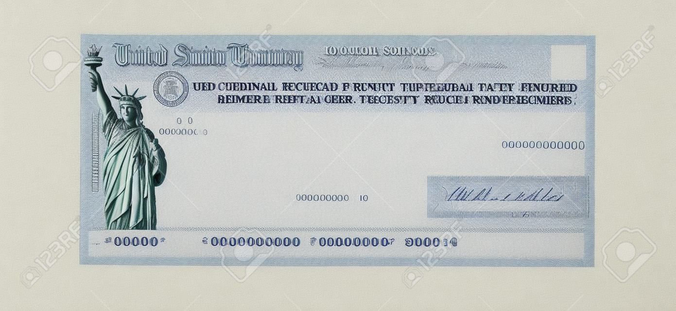 Cheque del Tesoro de los Estados Unidos para un reembolso de impuestos federales o un pago de la Seguridad Social aislado en blanco
