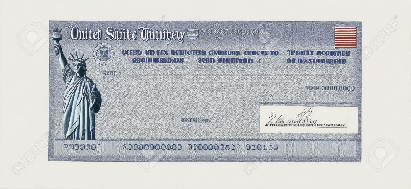 Cheque del Tesoro de los Estados Unidos para un reembolso de impuestos federales o un pago de la Seguridad Social aislado en blanco