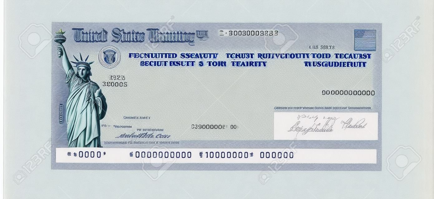 United States Treasury check voor ofwel een federale belastingteruggave of sociale zekerheid betaling geïsoleerd op wit