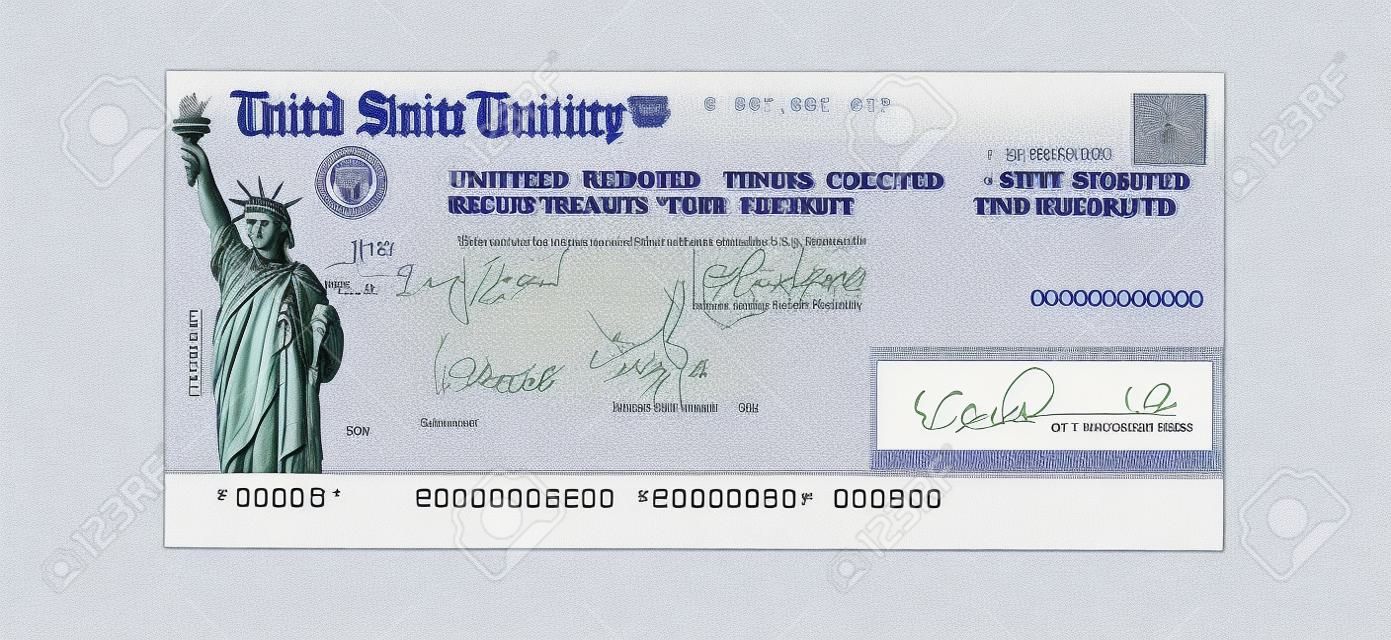 Assegno del Tesoro degli Stati Uniti per un rimborso delle tasse federali o un pagamento della sicurezza sociale isolato su bianco