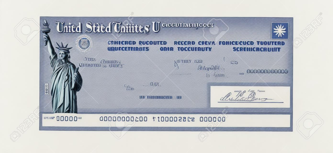 United States Treasury Scheck für entweder eine Bundessteuerrückerstattung oder eine Sozialversicherungszahlung isoliert auf weiß