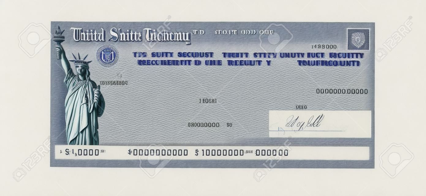 Chèque du Trésor des États-Unis pour un remboursement d'impôt fédéral ou un paiement de la sécurité sociale isolé sur blanc