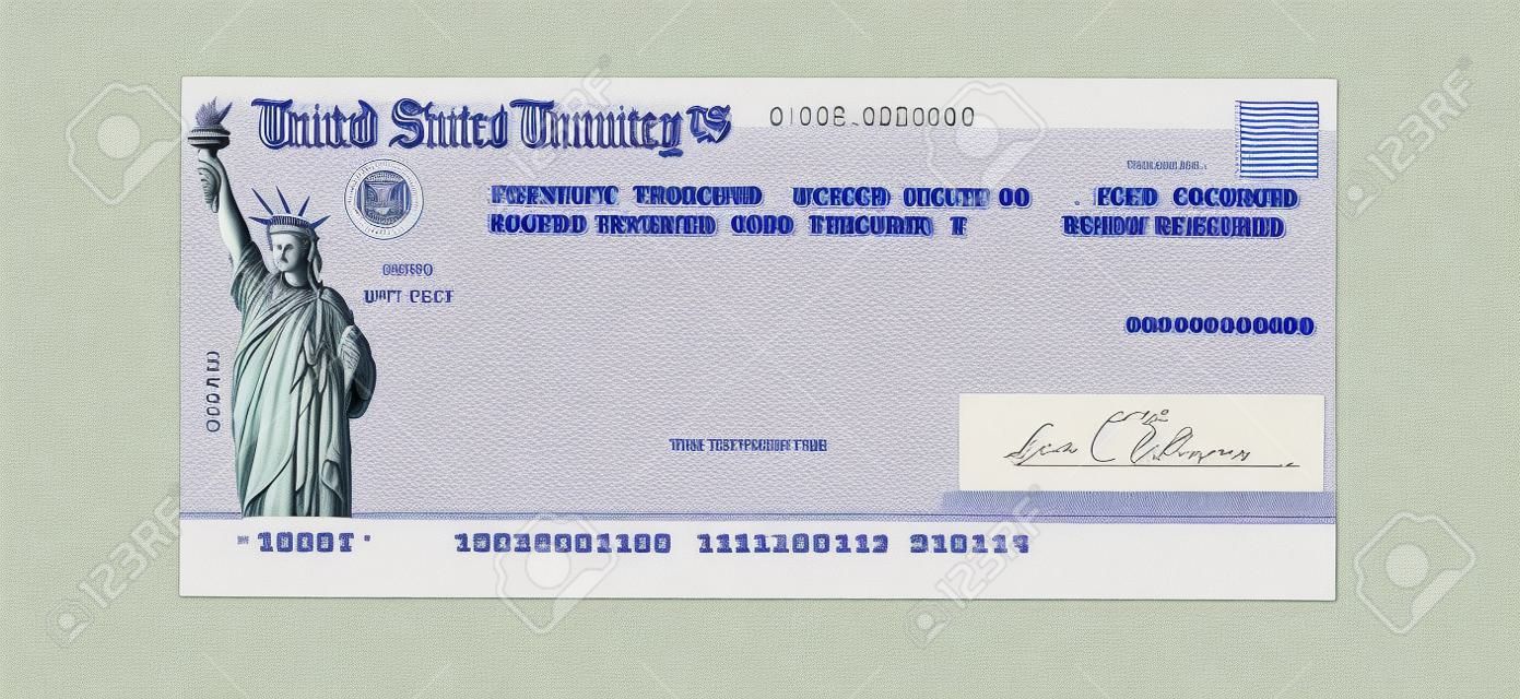 흰색으로 격리된 연방 세금 환급 또는 사회 보장 지불에 대한 미국 재무부 수표