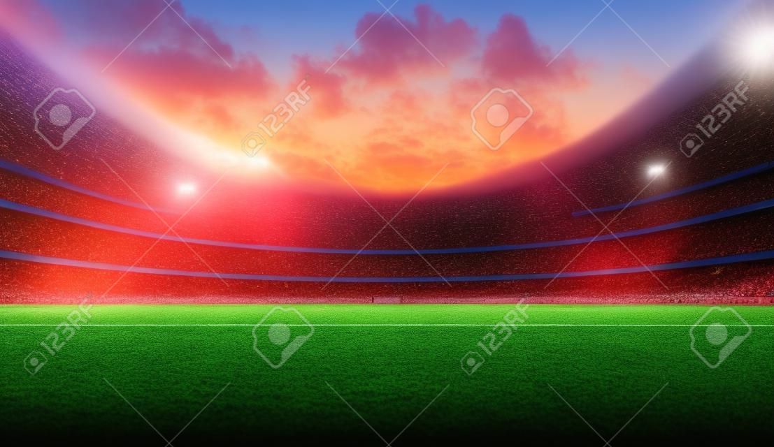 Stadion piłkarski z tłem tłumu zachód słońca niebo boisko do piłki nożnej