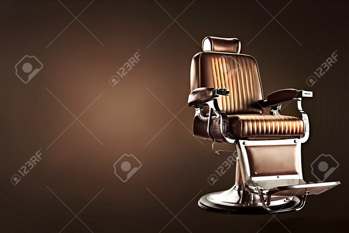 Stylish Vintage Barber Chair Isolated On Brown Background. Barbershop Theme