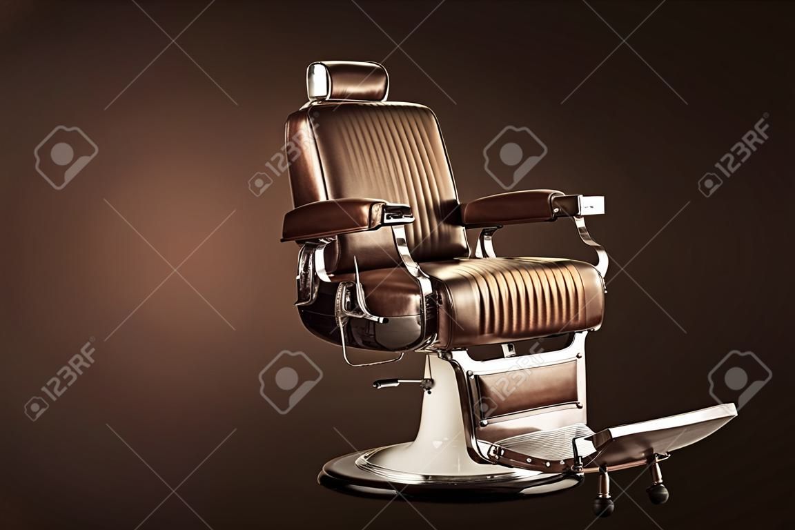 Stilvoller Weinlese-Friseurstuhl lokalisiert auf Brown-Hintergrund. Barbershop-Thema