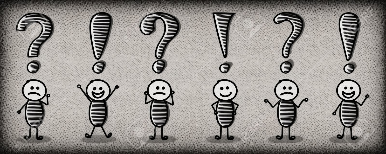 Funny stickmen with question mark and exclamation point icons - big set. Vector.