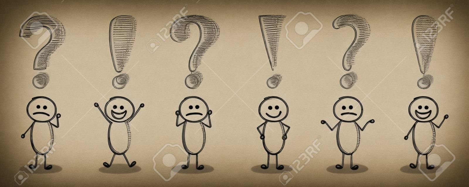 Funny stickmen with question mark and exclamation point icons - big set. Vector.