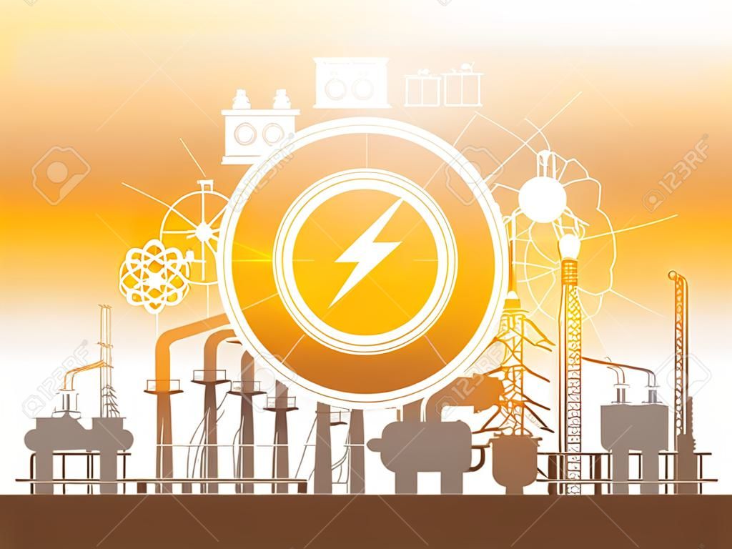 Raffinerien und Kraftwerke mit Energienetz. Power Factory-Konzept. Vektor-Illustration.
