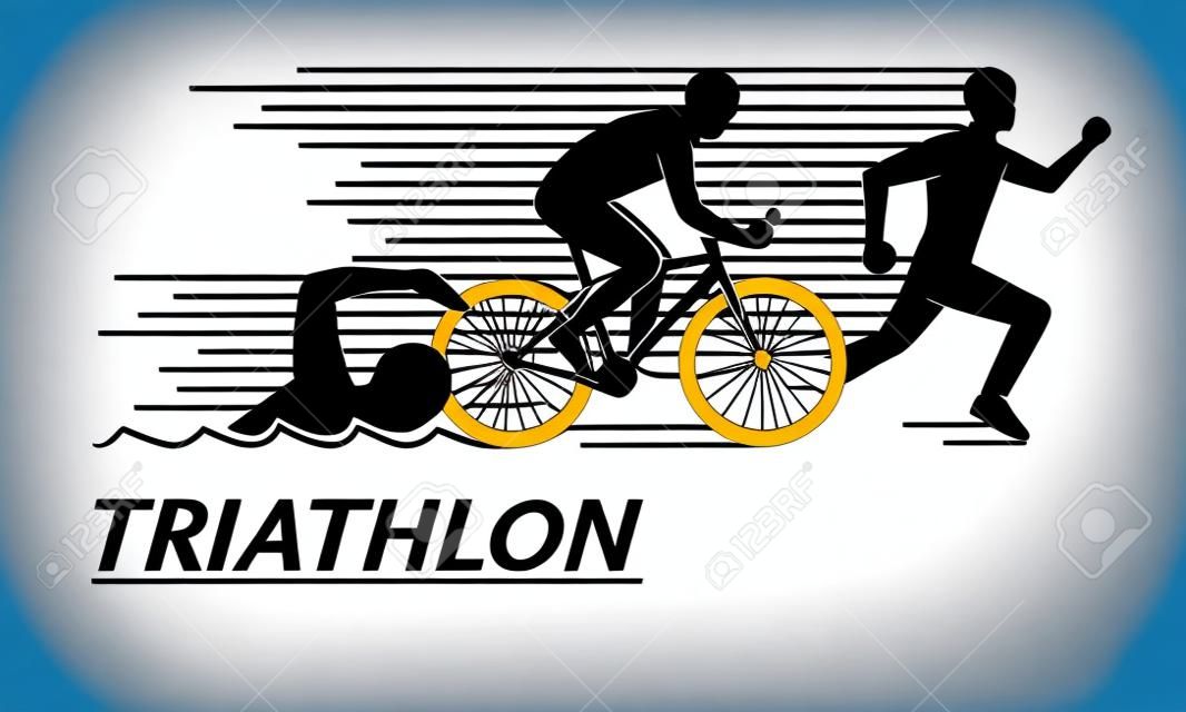 Schwarz flach Logo Triathlon. Vector Zahlen Triathleten auf einem weißen Hintergrund. Schwimmen, Radfahren und Laufen Symbol.