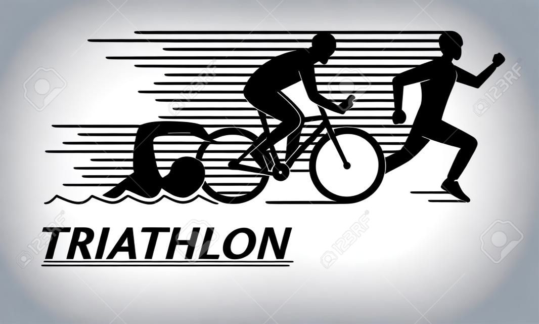 Siyah düz logosu triatlon. Vektör beyaz zemin üzerine triathletes rakamlar. Yüzme, bisiklet ve koşu sembolü.