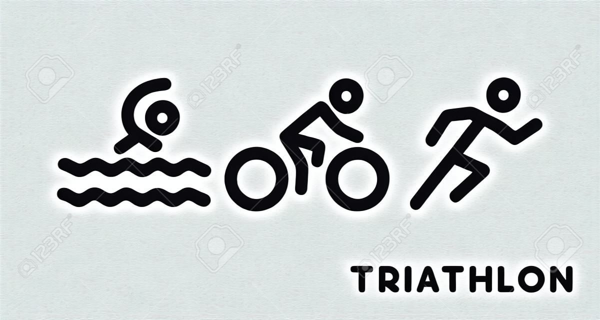 Line логотип триатлон. Рисунки триатлонистов на белом фоне. Плавание, езда на велосипеде и работает символ.