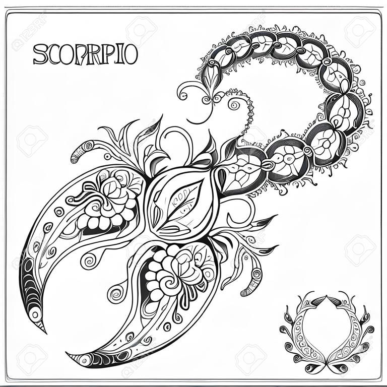 Pattern for coloring book. Hand drawn line flowers art of zodiac Scorpio. Horoscope symbol for your use. For tattoo art, coloring books set. 