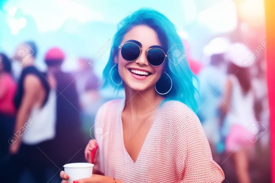 A beautiful hipster girl with coffee in takeaway cup at a hot summer vacation open air festival concert, enjoying the lively ambiance and music. Generative AI
